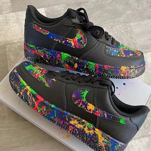 Air Force 1 Custom Black Shoes Retro 'Black Cool Neon Splatter Swoosh' Green Blue Red Yellow Mens Womens Kids Baby All Sizes Made to Order