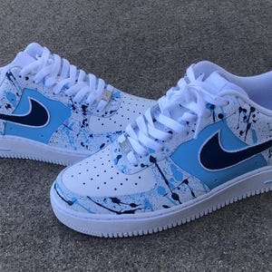 Air Force 1 Custom White Shoes Hand Painted Sneakers Sky Baby Navy Blue Splatter Mens Womens Kids All Sizes Made to Order
