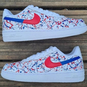 Air Force 1 Custom White Shoes Sneakers USA Splatter Graffiti Red White Blue 4th of July Painted Mens Womens Kids Baby Made to Order