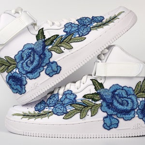 Nike Air Force 1 Custom High Shoes Rose Blue Long Flower Floral White All Sizes Mens Womens & Kids