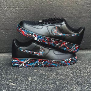 Air Force 1 Custom Black Shoes "USA Flag Splatter" Red White & Blue Mens Womens Kids Baby All Sizes Made to Order