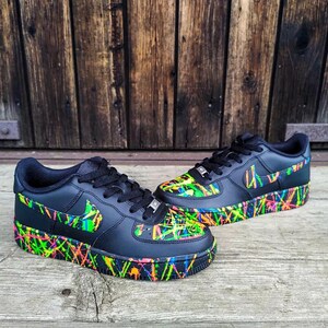 Air Force 1 Custom Low Black Shoes Retro "Explosive Neon" Splatter Splash Graffiti Style Womens Kids Baby All Sizes Made to Order