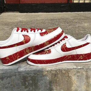 Air Force 1 Custom White Shoes "Pearlescent Red & Gold Splatter" Retro Graffiti Art Mens Womens Kids Baby All Sizes Made to Order