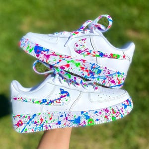 Air Force 1 Custom White Shoes 'Splatter Neon Glow' Blue Green Purple Red Cool Laces Mens Womens Kids Baby All Sizes Made to Order