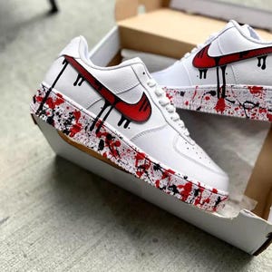 Air Force 1 Custom White Shoes Sneakers Bloody Gore Red Swoosh Black Drip Splatter Halloween Art Painted Mens Womens Kids Baby Made to Order
