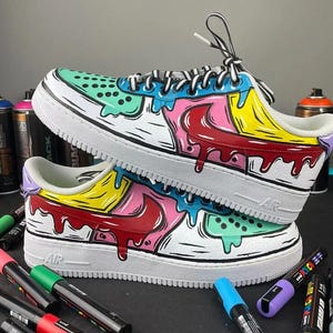 Air Force 1 Cartoon Custom White Shoes Multi Color Graffiti Cartoon Painted Sneakers Mens Womens Kids Baby All Sizes Made to Order