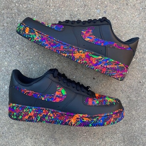 Air Force 1 Custom Black Shoes Multi Color Splatter Swoosh Painted Sneakers Men Womens Kids Baby All Sizes Made to Order