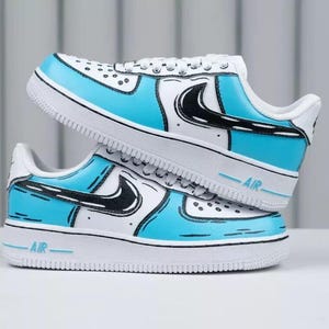 Air Force 1 Cartoon Custom White Shoes 'Teal Blue Black Swoosh Cool Graffiti' Art Hand Painted Sneakers Mens Womens Kids Baby Made to Order