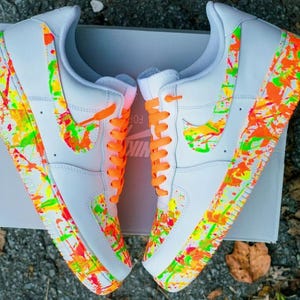 Air Force 1 Custom White Shoes Neon Splatter Custom Orange Green Yellow Painted Sneakers Men Women Kids Baby All Sizes Made to Order
