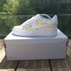 Air Force 1 Custom White Shoes Sneakers "Thin Neon Splatter" Retro Graffiti Art Painted Mens Womens Kids Baby All Sizes Made to Order