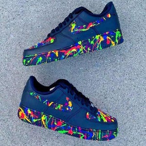 Air Force 1 Custom Black Neon Splatter Art Green Blue Red Painted Sneakers Mens Womens Kids Baby All Sizes Made to Order
