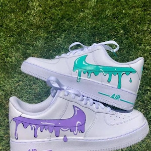 Air Force 1 Custom White Shoes Lilac Light Purple & Teal Drip Swoosh Black Outline Retro Art Mens Womens Kids Baby All Sizes Made to Order