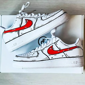 Air Force 1 Custom White Shoes Red Swoosh Black Bold Sketch Outline Comic Cool Graffiti Art Sneakers Mens Womens Kids All Size Made to Order