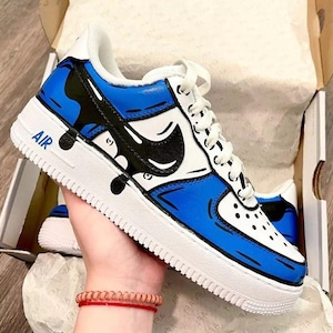 Air Force 1 Cartoon Custom White Shoes Blue & Black Drip Swoosh Retro Graffiti Painted Sneakers Men Womens Kids Baby All Sizes Made to Order