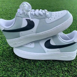 Air Force 1 Custom White Shoes 'Black Swooshes & Gray' Retro Two Tone Painted Sneakers Mens Womens Kids Baby All Sizes Made to Order