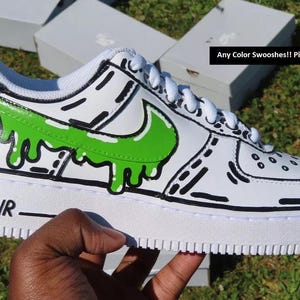 Air Force 1 Cartoon Custom White Shoes Green Swoosh Drip Sketch Outline Black Sneakers Painted Sneakers Mens Womens Kids Baby Made to Order