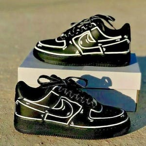 Air Force 1 Custom Black Cartoon Shoes White Outline Painted Sneakers Mens Womens Kids Baby All Sizes Made to Order