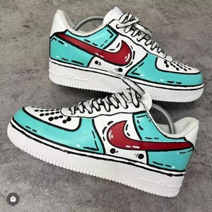 Air Force 1 Cartoon Custom White Shoes 'Teal Red Cartoon Outline' Comic Book Sneakers Painted Sneakers Mens Womens Kids Baby Made to Order