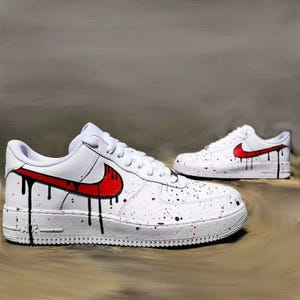 Air Force 1 Custom White Shoes Low Blood Drip Splatter Red Swooshes Black Morbid Halloween Mens Womens Kids Baby All Sizes Made to Order