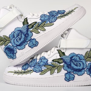 Nike Air Force 1 Custom High Shoes Rose Blue Long Flower Floral White All Sizes Mens Womens & Kids