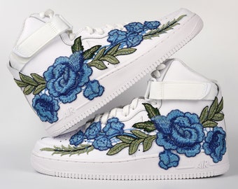 Nike Air Force 1 Custom High Shoes Rose Blue Long Flower Floral White All Sizes Mens Womens & Kids