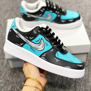 Air Force 1 Cartoon Custom White Shoes Teal Blue Black Gray Swoosh Painted Sneakers Mens Womens Kids Baby All Sizes Made to Order