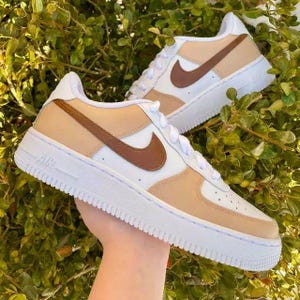 Air Force 1 Custom White Shoes Light Brown Tan Two Tone Casual Painted Sneakers Mens Womens Kids Baby All Sizes Made to Order