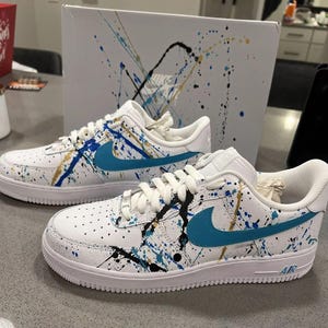 Air Force 1 Custom White Shoes Splatter Gold Teal Black White Sneaker Splash Hand Painted Mens Womens Kids Baby All Sizes Made to Order AF1