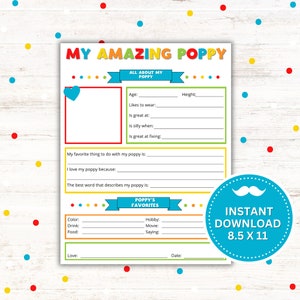 Presente de dia dos pais Tudo sobre minha papoula para impressão | Download instantâneo de PDF e JPG | Presente para o vovô | Imprimir 8,5x11 e A4