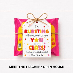 Meet the teacher printable gift tag attached to Starburst candy for open house classroom welcome gifts.
