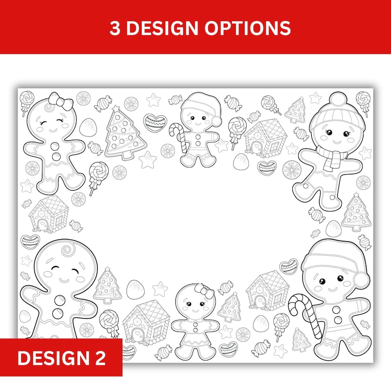May include: Black and white printable coloring page featuring gingerbread people, candy canes, gingerbread houses, and Christmas trees. The page is labeled "Design 2".