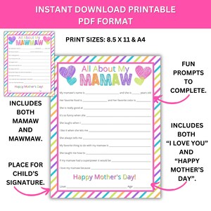Mother's Day Gift - All About My Mamaw/mawmaw Printable - Grandparents ...