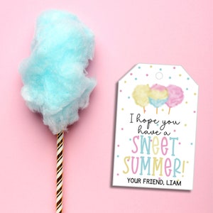 May include: A white gift tag with colorful confetti and three cotton candy illustrations. The text reads "I hope you have a sweet summer! Your friend, Liam."