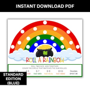 Standard roll two dice rainbow math game printable St Patrick’s Day classroom activity