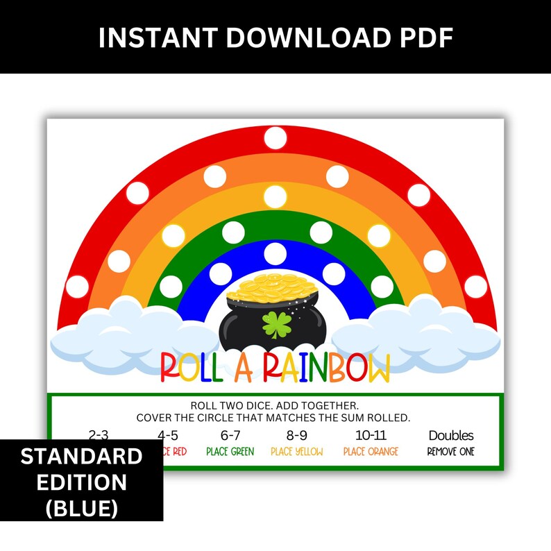 Standard roll two dice rainbow math game printable St Patrick’s Day classroom activity