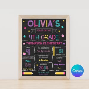 Editable First Day of School Sign, Chalkboard & White, Canva Template, Printable Back to School Poster, Multiple Sizes, Instant Download