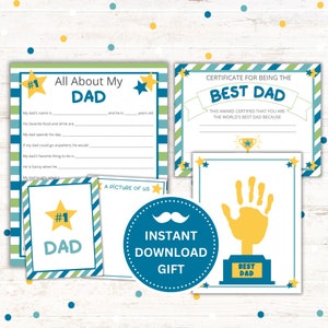 Alles über meinen Vater druckbare Bündel - Vatertagsgeschenk - Sofort-Download PDF - Best Dad Zertifikat, Trophäe Handabdruck Kunst, #1 Dad Karte