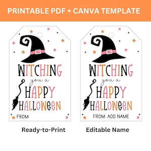 Comparison of a ready-to-print Halloween witch tag with a blank From line and an editable Canva version with an Add Name field.