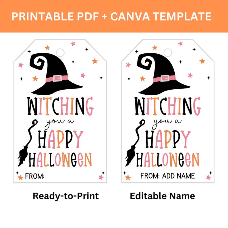 Comparison of a ready-to-print Halloween witch tag with a blank From line and an editable Canva version with an Add Name field.