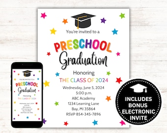 Preschool Graduation Invitation - Canva Editable - Bonus Electronic Invitation - Graduation Ceremony - 8.5 x 11 and A4