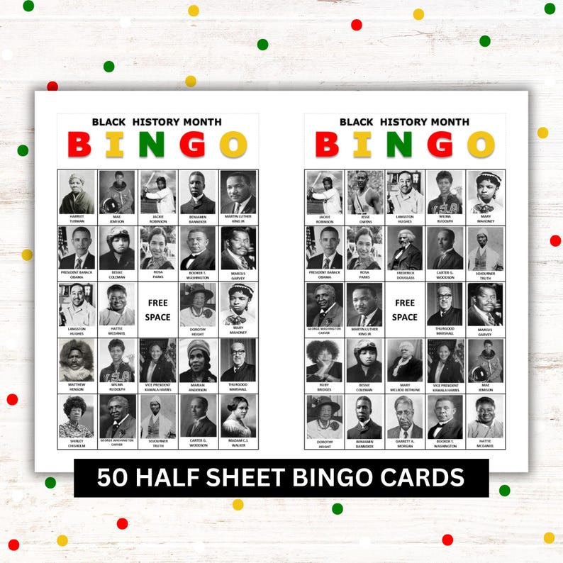 Black History bingo game, printable educational Black History Month game for classrooms, 50 half-sheet bingo cards, African American history game PDF. Celebrate the achievements of influential African American figures.