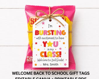 Welcome Back to School Gift Tags, Bursting With Excitement, Editable Canva Teacher Tag