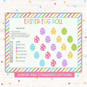 Puede incluir: Un tablero de juego de lanzamiento de huevos de Pascua imprimible con instrucciones sobre cómo jugar. El tablero presenta un borde rayado de colores y una cuadrícula de 16 huevos de Pascua en varios colores y patrones. El juego incluye una sección de lanzamiento de dados con seis dados y una sección de cobertura con seis huevos de diferentes colores.