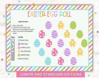 Può includere: Un tabellone di gioco di lancio di uova di Pasqua stampabile con istruzioni su come giocare. Il tabellone presenta un bordo a strisce colorate e una griglia di 16 uova di Pasqua in vari colori e motivi. Il gioco include una sezione di lancio dei dadi con sei dadi e una sezione di copertura con sei uova di diversi colori.