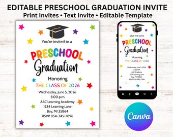 Plantilla editable de invitación de graduación preescolar, invitación de graduación preescolar en Canva, imprimible en tamaño 8.5x11 A4 + anuncio digital.