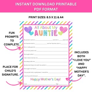 Mother's Day Gift for Aunt, All About My Auntie Printable, Instant ...
