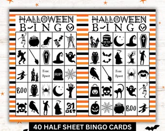 Bingo de Halloween imprimible, 40 tarjetas, descarga en PDF, para fiestas y aulas