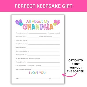 Op de afbeelding: Een wit invulblad met de tekst "All About My Grandma" in kleurrijke letters. Het blad bevat prompts om te schrijven over de naam van een oma, haar favoriete eten en meer. De tekst "I Love You!" is ook opgenomen.