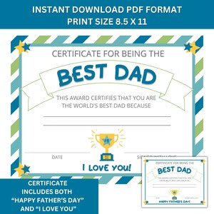 Puede incluir: Certificado imprimible para el "Mejor Pap&aacute;" con un borde rayado azul, verde y amarillo. El certificado incluye un icono de trofeo y el texto "Este premio certifica que eres el mejor pap&aacute; del mundo porque..." y "&iexcl;Te quiero!"