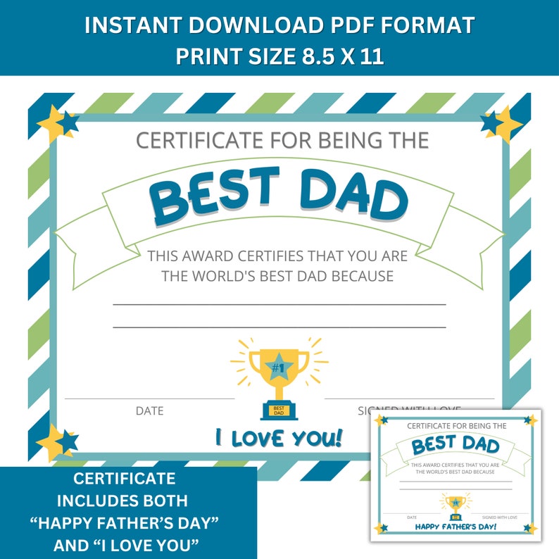 Puede incluir: Certificado imprimible para el "Mejor Pap&aacute;" con un borde rayado azul, verde y amarillo. El certificado incluye un icono de trofeo y el texto "Este premio certifica que eres el mejor pap&aacute; del mundo porque..." y "&iexcl;Te quiero!"